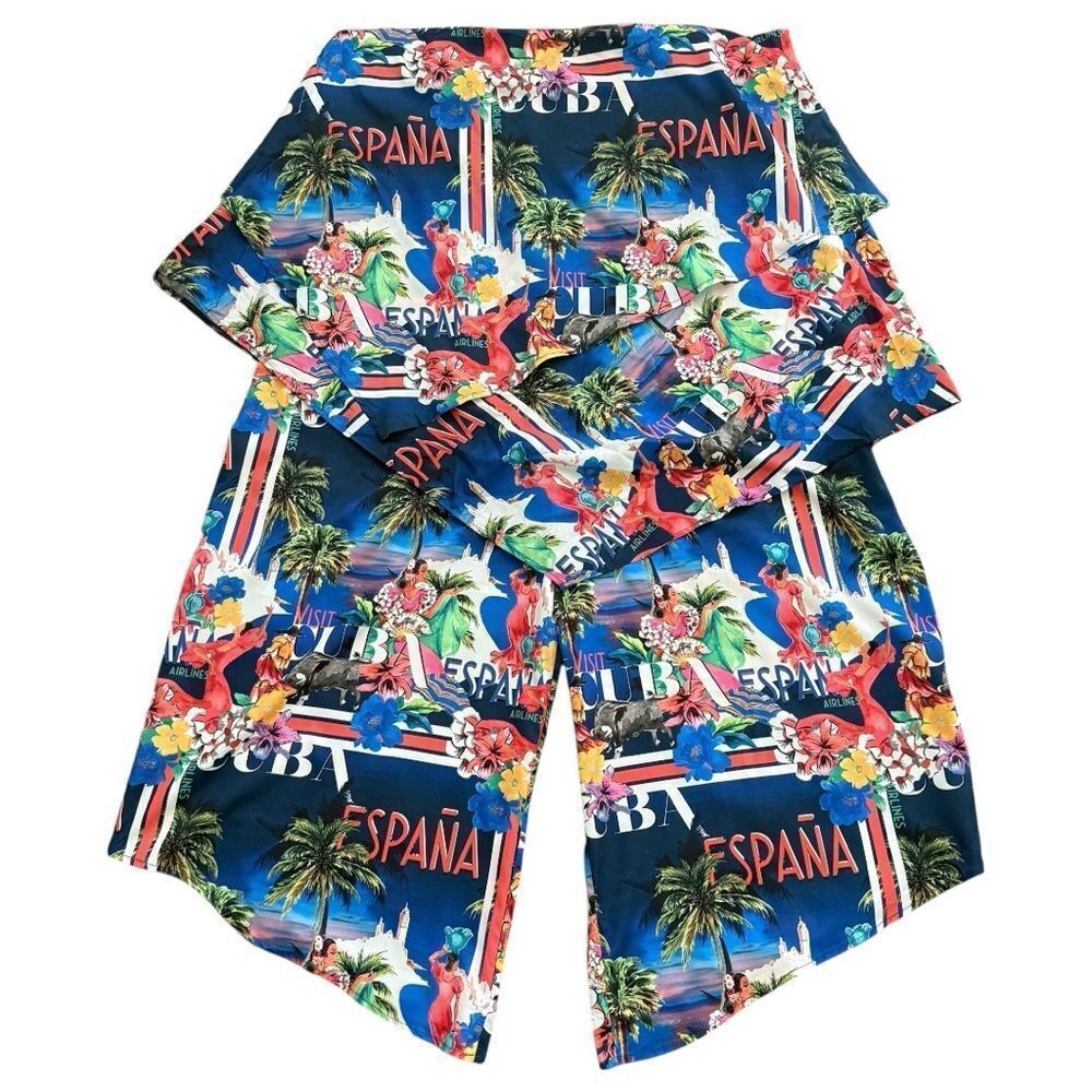 ASOS Retro Postcard Jumpsuit Strapless Wide Leg Cuba España Tropical Print 14